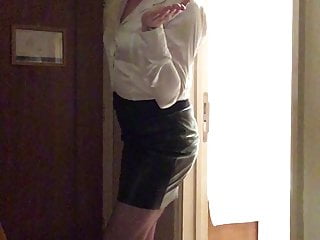 Office Candi - leather skirt, satin blouse