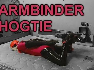 Self Bondage Armbinder Hogtie in PVC Catsuit and Lycra Bodysuit with Chastity Belt and Dildo Locked in Place