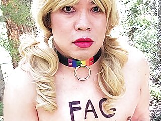 Stupid Gay Sissy Degrades Herself at Campsite