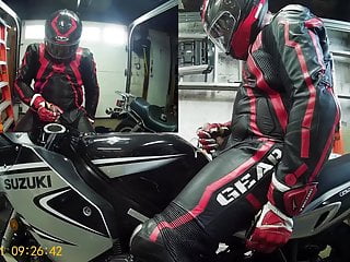 Cumming on my bike in lather race suit - 2018