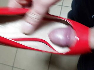 Fucking and cum open toe red heels wife