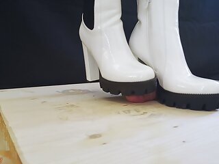 Crushing and Trampling Slave&#039;s Cock in White Dangerous Heeled Boots - CBT