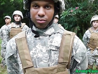 Ebony soldier fucked outdoors after sucking 