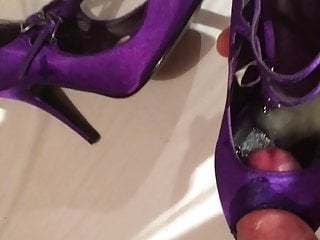 Purple satin peep toes getting cummed!