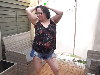 Mom stripping in turn Denim shorts and bra