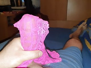 Beatas pink lace panties soaked by my cum again
