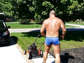 Mowing the lawn in slut shorts...
