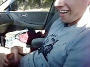 Jerking in the car and unloading over t-shirt