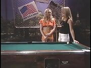 Busty blonde gets her asshole fingered and pool stick shoved in her pussy