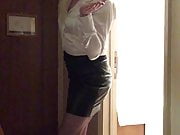 Office Candi - leather skirt, satin blouse