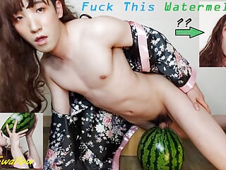 Asian Sissy Femboy Fucks Watermelon