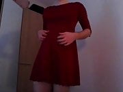 Secretary crossdresser tits stimulation in sexy red dress