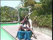 Slut getting fucked and creamed by stud poolside after sucking dick