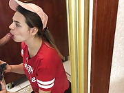 Delivery girl gives sloppy blowjob and fucks with his client