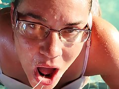 Wife's risky public blowjob and facial in a jacuzzi