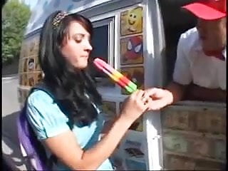 Brunette slut gets a dick popsicle...