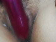 Dildo makes my wife come, rich hairy pussy.