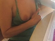 Wife flashing tits in restaurant, braless nipples slip out