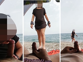  video: Dick flash - A girl caught me jerking off in public beach and help me cum - MissCreamy