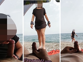 Dick flash - A girl caught me jerking off in public beach and help me cum - MissCreamy