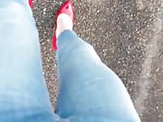 Walking in red patent heels and skinny jeans POV.MP4