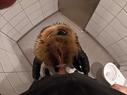 Svenja sucks stranger cock on motorway restroom