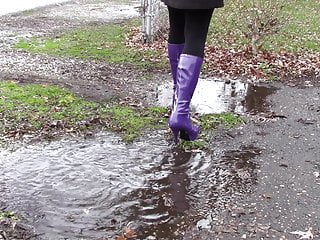 Walking in the rain in Purple Boots