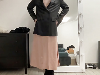 Satin silk beige dress, red trousers and black jacket sissy