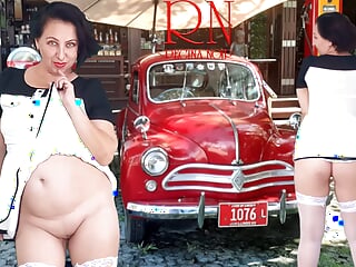 Double Regina Noir. A pretty lady in a short dress shows a striptease. Pussy and ass. Car 1