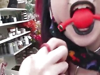 Goth girl gagged in public