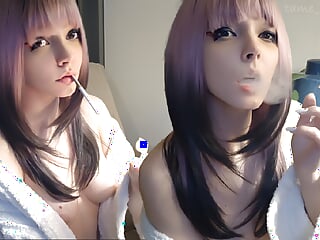 Small titties gamer in bathrobe smoking (ask me for full vid)