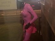 Rubber sissy doll sent outside 