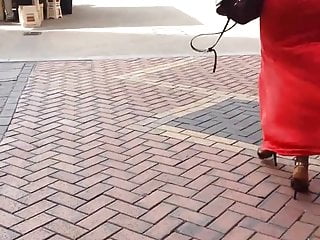 Candid Juicy British Black Booty in Red Dress