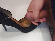 Cumshot on wife's suede high heels