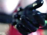 Arya Grander in red latex with black latex rubber long glove