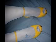 White stockings sexy legs yellow designer peep toe