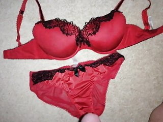 Red satin panties and bra set...