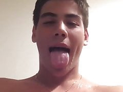 Handsome Latino Boy Cums on his chest and Taste his own Cum