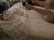 Beige RHT stockings, heels, pantys, jerking in bed