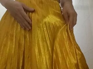 Wetting And Cumming Wearing Shiny Gold Pleated Skirt