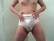 Slow dance and tease in full rise Stafford white briefs