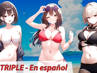 Spanish hentai JOI. 3 friends want masturbate you on the beach.