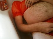 Pissing in wifes red Panties and Top